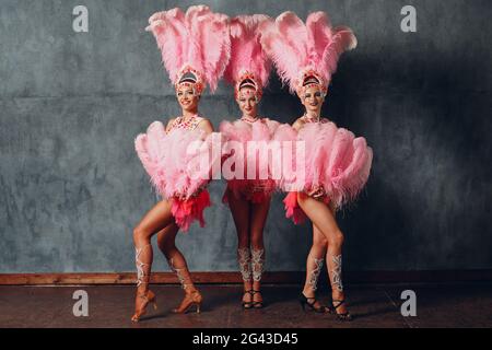 Three Woman in brazilian samba carnival costume with colorful feathers  plumage Stock Photo - Alamy