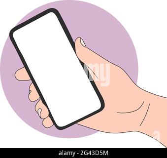 A hand-drawn doodle hand holds a modern smartphone. Stock Vector
