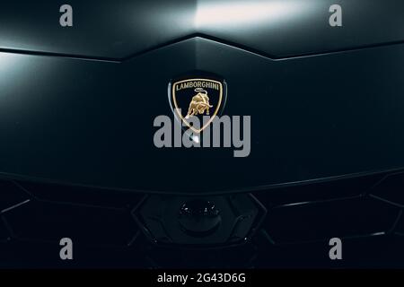 Moscow Russia - February 10, 2019: Lamborghini Urus black sport car nameplate. Stock Photo