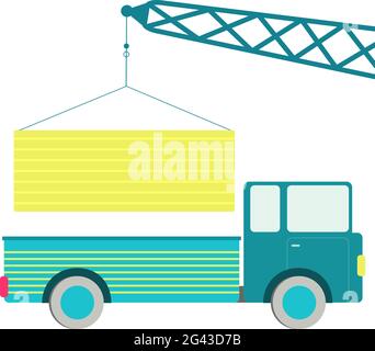 Crane putting the load on truck. White background. Stock Vector