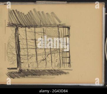 Landscape with buildings, seen through a window. Page 45 From a sketchbook with 43 sheets. Stock Photo