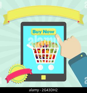 Buy shopping cart full of fruits and vegetables online through laptop. Colorful artwork. Blank ribbon and stamp for insert text. Stock Vector