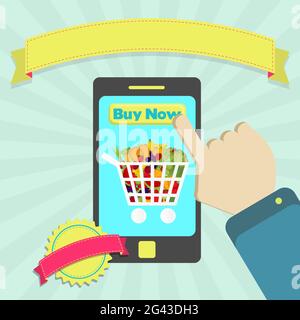 Buy shopping cart full of fruits and vegetables online through phone. Colorful artwork. Blank ribbon and stamp for insert text. Stock Vector