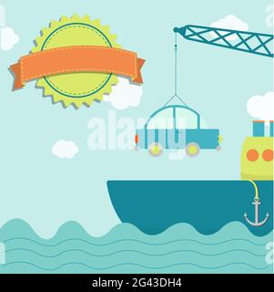 Crane loading car into the freighter. Blank stamp for insert text. Stock Vector