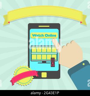 'Watch online' button in a phone for watch movie streaming. Colorful artwork. Blank ribbon and stamp for insert text. Stock Vector