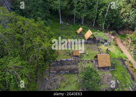 Aerial view of the archaeological site of Meae Iipona, Puamau, Hiva Oa, Marquesas Islands, French Polynesia, South Pacific Stock Photo