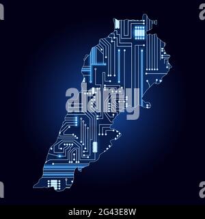 Contour map of Lebanon with a technological electronics circuit. Stock Vector