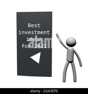 Entrepreneur 3d male illustration for presentations and website services or marketing. Best investment ideas 2021 Stock Photo