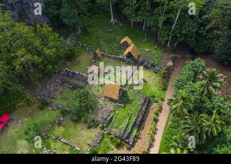 Aerial view of the archaeological site of Meae Iipona, Puamau, Hiva Oa, Marquesas Islands, French Polynesia, South Pacific Stock Photo