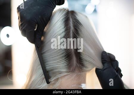 Young woman hairdresser dying hair at beauty salon. Professional hair roots coloring Stock Photo