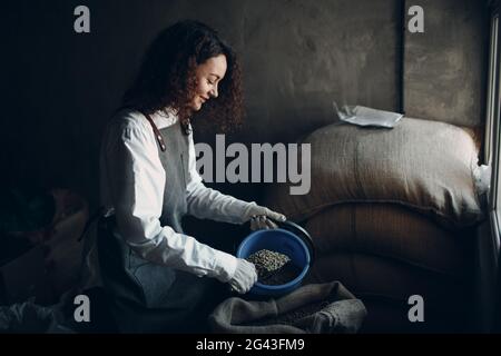 Green coffee beans in burlap sack and woman roaster with scoop Stock Photo