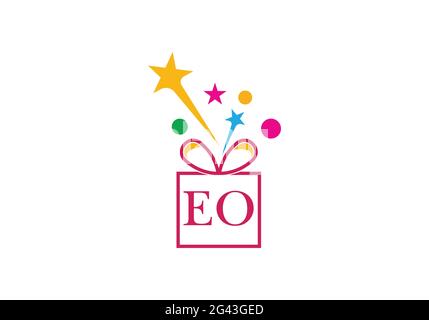 Gift Box, gift shop letter alphabet EO logo icon in gold or golden color for Luxury brand design for company and business Stock Vector
