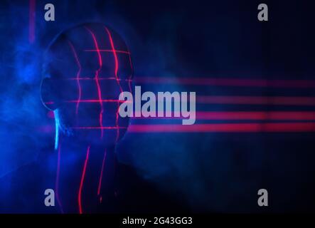 Concept Identify Illuminate Face Scan Red Laser. Biometric Futuristic Facial Recognition Scanning. Stock Photo