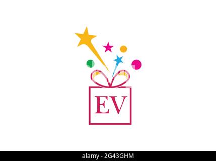 Gift Box, gift shop letter alphabet EV logo icon in gold or golden color for Luxury brand design for company and business Stock Vector