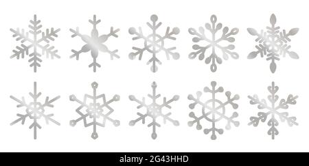 Snowflakes bright shiny gradient silver set isolated on a white background for decorating cards, scrapbooking, notebooks, stationery, toys. Templates and stickers. Wrapping paper. Design element Stock Vector