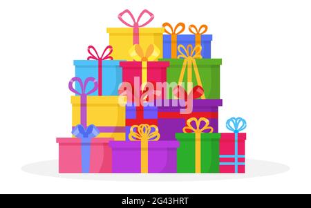 Boxes gifts presents folded in a bunch towering upward with multi-colored ribbons. Ready-made composition, design element for postcards, textiles, dishes. Prize, souvenir. Put under Christmas tree. Stock Vector