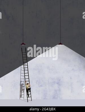 A man climbs a ladder to change a burned out light bulb in this 3-d illustration about household tasks that seen demanding. Stock Photo