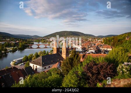 View from Mildenburg to St. Jakobus Church, old town and Main, Miltenberg, Spessart-Mainland, Franconia, Bavaria, Germany, Europe Stock Photo