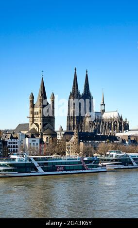 Cologne Cathedral and Great St. Martin from the Rhine, Cologne, North Rhine-Westphalia, Germany Stock Photo