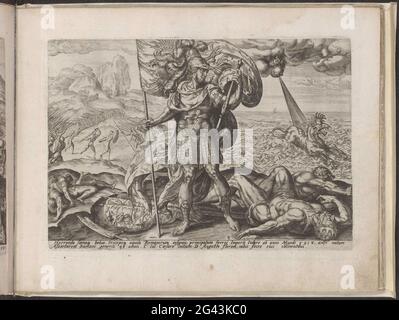 Roman empire; Four kingdoms. A Roman emperor standing in violature triumphant on the battlefield with flag and scepter in the hands. Men and a king are defeated at his feet. A compensating Roman army in the background. On the right the monster rises from the sea with ten horns. It is one of the four animals from Daniel's vision. Under the show an explanatory text in Latin. This print is part of an album. Stock Photo