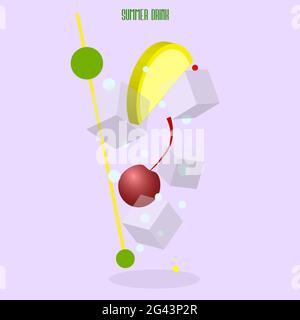 minimalistic summer cocktail logo with lemon slice and ice and cherry 1 Stock Vector