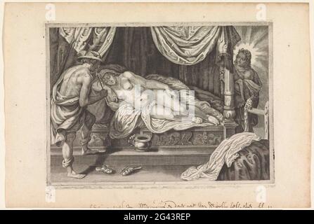 Apollo and Mercury visit Chione; Metamorphoses from Ovid. Mercury and Apollo both fall in love with Chione, which lies in bed. They visit her in the same night to sleep with her. Mercury stands for her, while Apollo reminds his turn to the foot end. Chione is expecting both men. Stock Photo