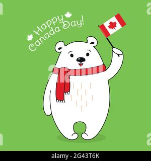 Happy Canada Day card. Cartoon polar bear in scarf with flag Canada. Greeting postal postcard. National celebration Canadian flag patriot bear character. Isolated vector illustration bright background Stock Vector