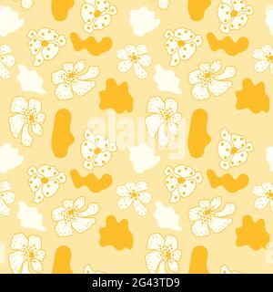 Fantasy seamless pattern with print of cute colorful flowers. Vivid pink, blue, orange and green artistic vector illustration. Bright freehand floral Stock Vector