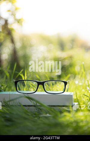 Studying outdoors: Glasses on book outdoors in the park, spring time Stock Photo