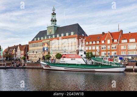 Museum cruiser in the Ratsdelft, harbor, town hall of the city of Emden, town hall, Emden, East Frisia, Lower Saxony, Germany Stock Photo