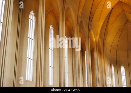 Reykjavik, Iceland - 02 may 2019: The interior is inside The Church of Hadlgrimskirkya, a Lutheran church in Reykjavik, the capi Stock Photo