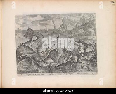 Jona spit out by the fish; History of Jonah; Theatrum Biblicum Hoc Est Historiae Sacrae Veteris et Novi Testamenti Tabulis Aeneis Expressae. After surviving three days and nights in the belly of the fish, the Vis Jona spits out on the land. Under the show a reference in Latin to the Bible text in Jonah 2:10. This print is part of an album. Stock Photo