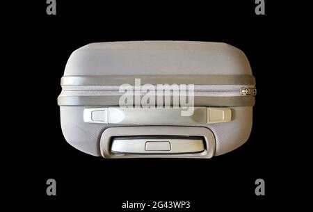 Travel modern suitcase isolated on black background. Top view Stock Photo