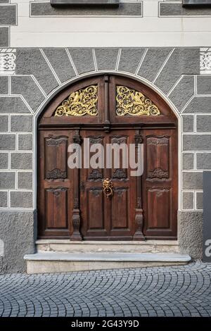 beautiful historic entrance gate in old town, Ulm, Danube, Swabian Alb, Baden-Württemberg, Germany Stock Photo