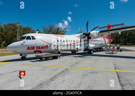 Air Tahiti ATR 72-600 aircraft on apron at Bora Bora Airport (BOB), Bora Bora, Leeward Islands, French Polynesia, South Pacific Stock Photo