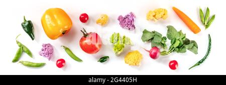 Fresh vegetable panorama, overhead flat lay shot on a white background Stock Photo
