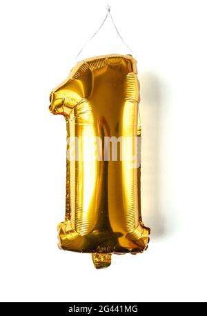 Gold foil Balloon number one isolated on white Stock Photo