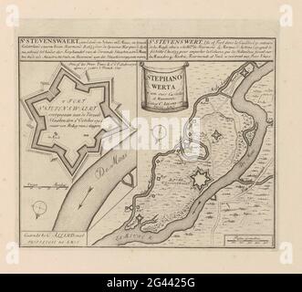 Floor plan of the Fort van Stevensweert; St Stevenswaert, an island and Schans Ind Maas, in Spanish Gelderland, 2 uuren above Roermond (...); Les Principales Forterses & Villes Fortes, D'Espagne, De France, D'Italie, The Savoia, D'Allemagne & des Païs-Bas (...) / Sittingurial images of the main strong cities and fortresses in Spanjen, Vrankryk, Italien, Savoy, Duytsland and Nederlanden (...). Floor plan of the fort from Stevensweert with a map of the larger surroundings. After investing to the United Netherlands, October 2, 1702. With texts in Dutch, French and Latin. The print is part of an a Stock Photo