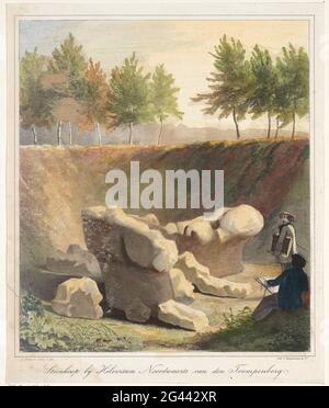 Drafters in archaeological excavation; Cairn near Hilversum north of Den Trompenberg. The boulders are in a pit surrounded by trees. A draftsman, seen on the back, sits with a sketchbook for themselves. The other stands with a drawing folder under the arm next to the mountain stones. Stock Photo