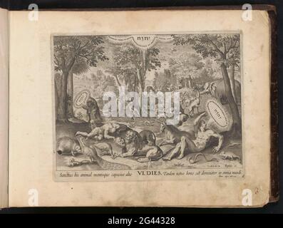 Sixth Creative Day: Creation of Adam and Eva; Creation of the world; Den Grooten Figuer Bibel (...). Amid the animals, Adam and Eva are created by God the Father in the form of a tetragram. On the right in the foreground, God bends over Adam; On the left, EVA is created from Adam's RIB. In the middle two lions, a unicorn and other animals. In the middle in the background, God gives EVA to Adam. On the sixth day of creation, God created Adam and Eva. Under the show a reference in Latin to the Bible text in Gen. 1:24. This print is part of an album. Stock Photo