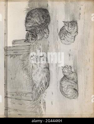 Chicken and three cats in a yard. Leaf 24 Recto from a sketchbook with 49 sheets. Stock Photo