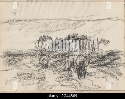 Farm cart on a field. A trees group in the background. Leaf 16 Verso from a sketchbook with 29 sheets. Stock Photo