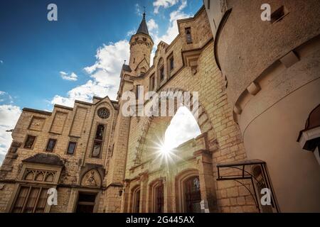 Gothic archway at Hohenzollern Castle, Sigmaringen, Baden-Wuerttemberg, Danube, Germany Stock Photo