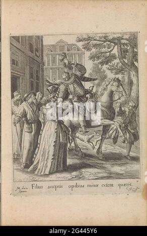 The lost son leaves his parental home; Parable of the lost son. The youngest son says goodbye to his family and leaves the parental home. He leaves on horseback. Under the show an explanatory text in Latin. This print is part of an album. Stock Photo