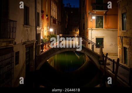Small bridge in Venice at night, Venice, Veneto, Italy, Europe Stock Photo