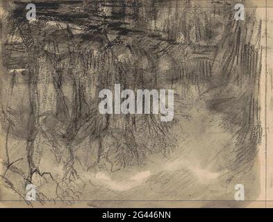 Trees on the water. Trees are on either side of the water. Leaf 27 Verso from a sketchbook with 34 sheets. Stock Photo