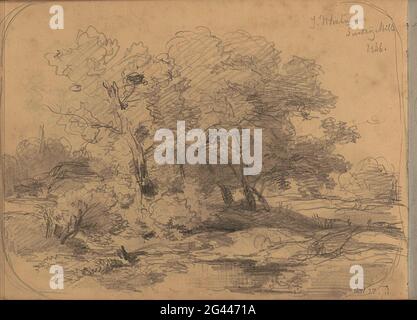 Trees along a stream. Drawing in a frame. Leaf 11 Verso from a sketchbook with 25 sheets. Stock Photo