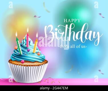 Birthday cupcake vector design. Happy birthday text with cupcake, candles and icing elements for celebrating birth day decoration greeting card. Stock Vector