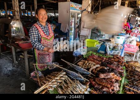 Friendly woman grills meat and fish in the indoor market under a fan with plastic bag to keep flies away, Houayxay (Huay Xai), Bokeo Province, Laos, A Stock Photo