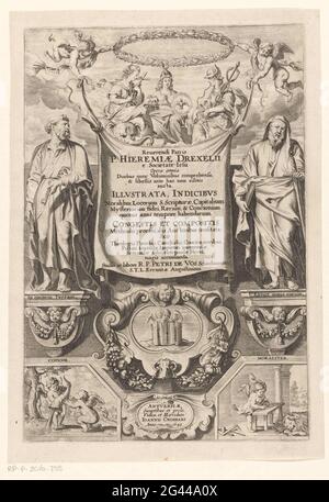 Petrus, Paul and Religion, Minerva and Pax; Title page for: Jeremias Drexel, Omnia Omnia (...) Illustrata, Indicibus (...) Congestis et compositis, 1643. Peter with keys and Paul with sword flanking a cloth with title retained by two putti. In addition, the same putti holds a wreath above three women: religion with cross, minerva with helmet with rooster and a woman with caduceus, possibly pax. Between them in the lamb on the book with the seven stamps and a pigeon in beams as a symbol of the Holy Spirit. On the underside a putti with books, two putti with a cornucopia that water flows and a p Stock Photo